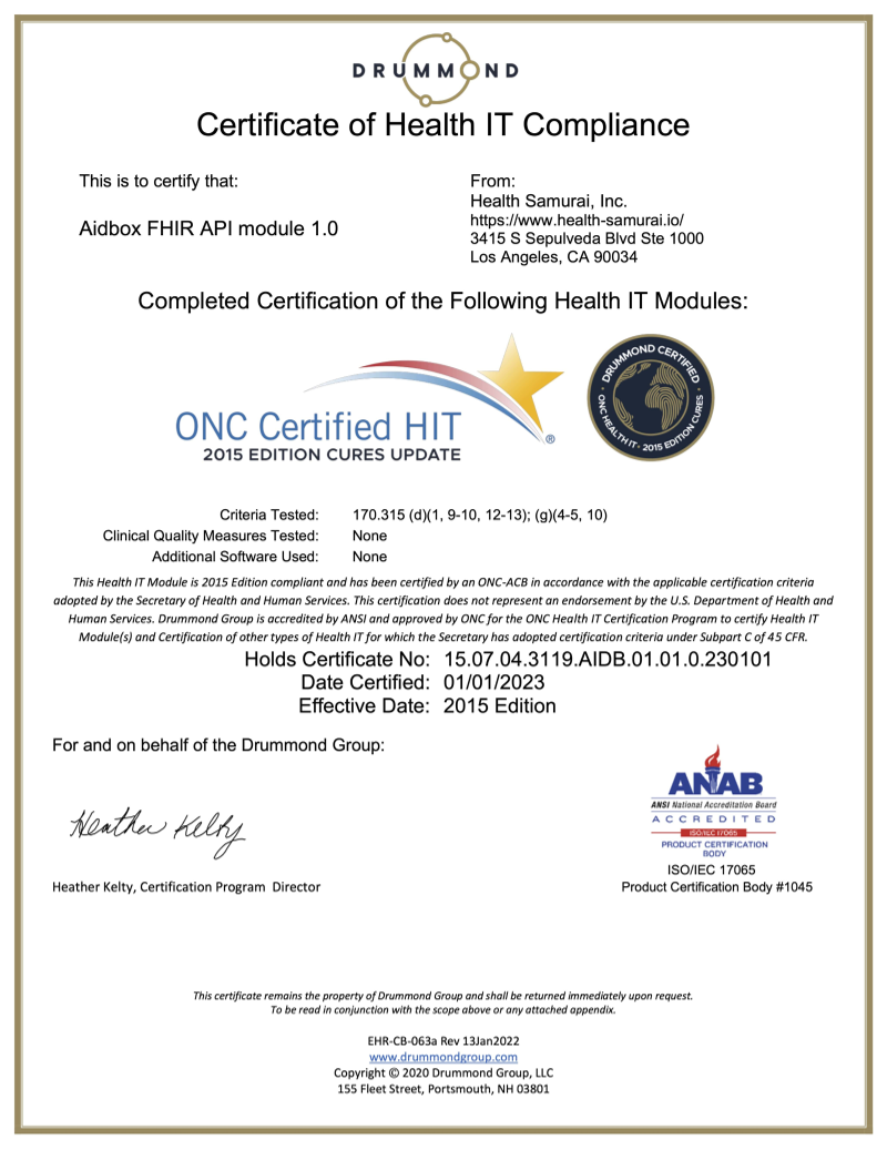 Drummond Certificate of Health IT Compliance — Aidbox FHIR API module 1.0